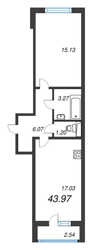 2-комнатная (Евро) квартира, 43.97 м² - планировка, фото №1