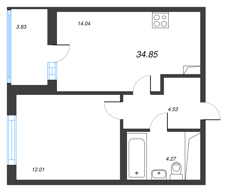 1-комнатная квартира, 34.85 м² в ЖК "Ясно.Янино" - планировка, фото №1