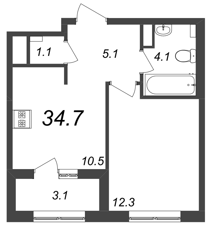 1-комнатная квартира, 34.7 м² - планировка, фото №1