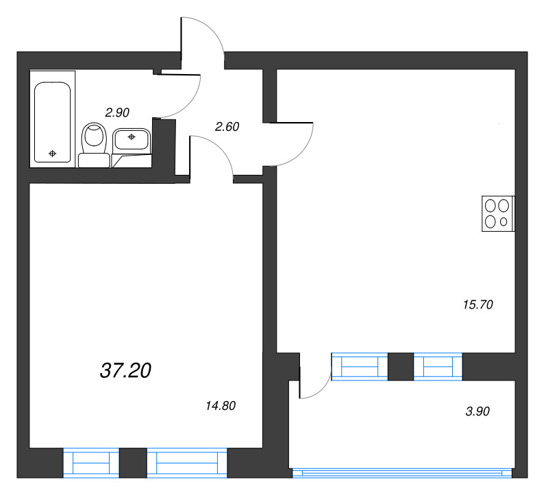 2-комнатная (Евро) квартира, 37.2 м² в ЖК "ЭКО Квартал NEGA" - планировка, фото №1