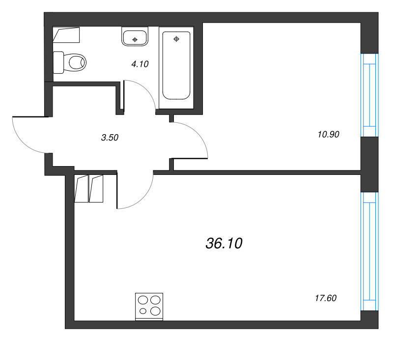 2-комнатная (Евро) квартира, 36.1 м² в ЖК "Струны" - планировка, фото №1