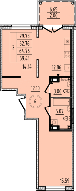 2-комнатная квартира, 62.76 м² в ЖК "Образцовый квартал 14" - планировка, фото №1