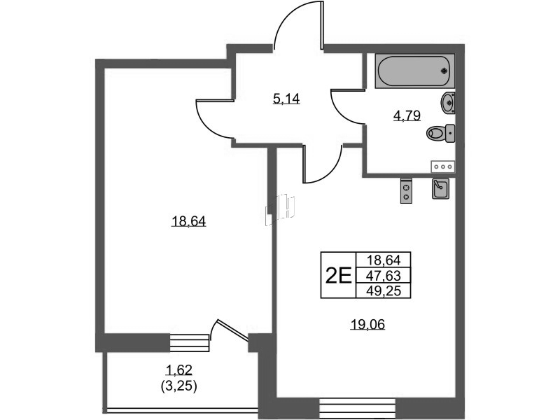 2-комнатная (Евро) квартира, 49.25 м² - планировка, фото №1