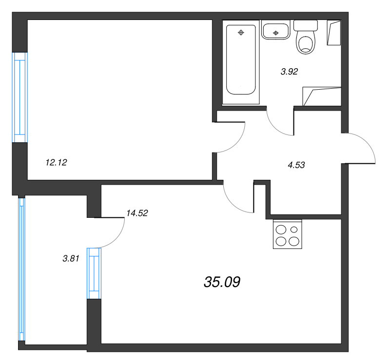 1-комнатная квартира, 35.09 м² в ЖК "Любоград" - планировка, фото №1