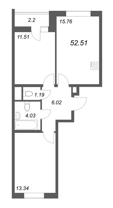 3-комнатная (Евро) квартира, 52.51 м² - планировка, фото №1