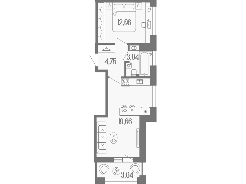2-комнатная (Евро) квартира, 41.3 м² - планировка, фото №1