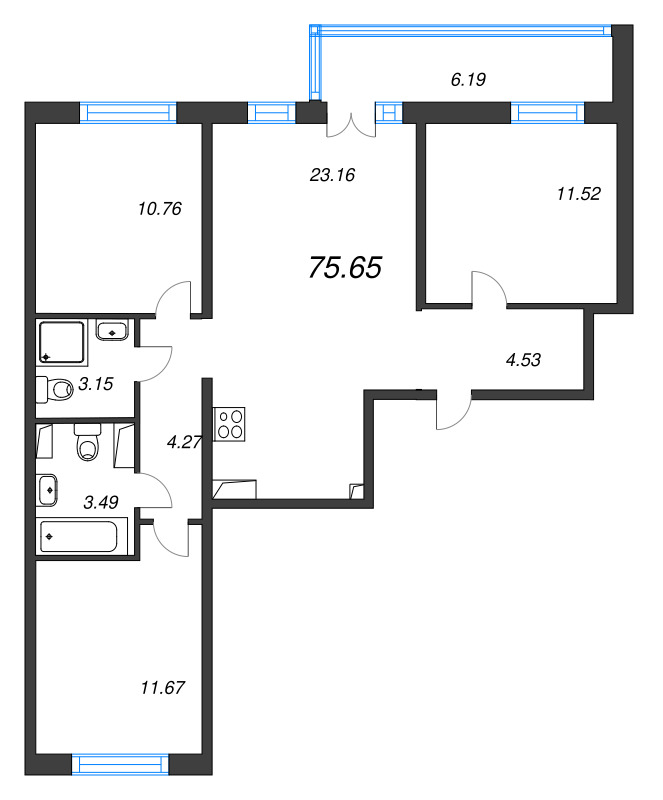 4-комнатная (Евро) квартира, 75.65 м² в ЖК "Кронунг Янино" - планировка, фото №1