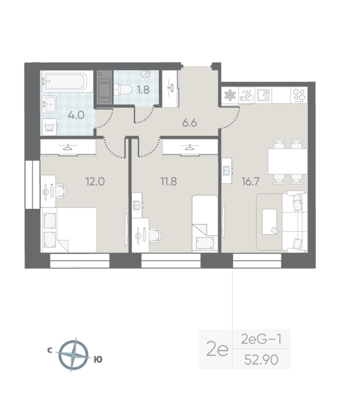 3-комнатная (Евро) квартира, 52.9 м² - планировка, фото №1