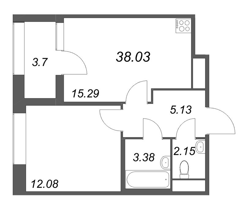 2-комнатная (Евро) квартира, 38.03 м² в ЖК "Дом на Курской" - планировка, фото №1