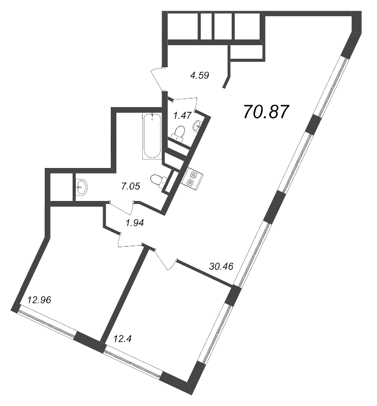 3-комнатная (Евро) квартира, 70.87 м² - планировка, фото №1