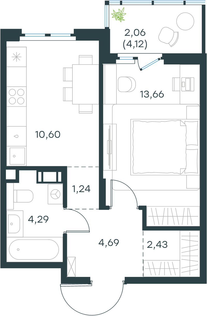 1-комнатная квартира, 38.8 м² в ЖК "Левел Мечникова" - планировка, фото №1