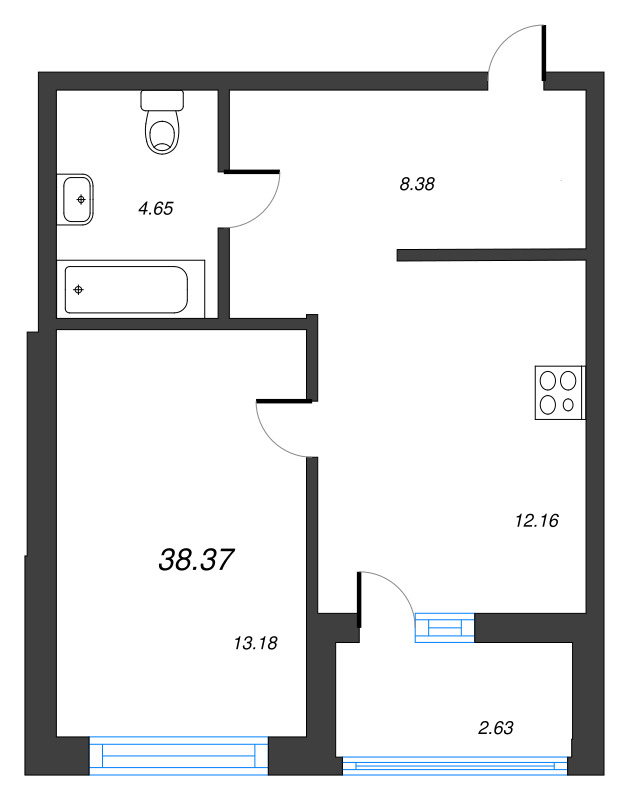 1-комнатная квартира, 38.37 м² - планировка, фото №1