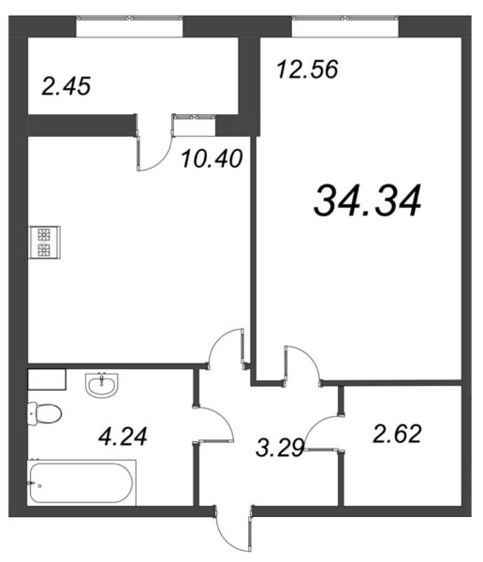 1-комнатная квартира, 34.34 м² - планировка, фото №1