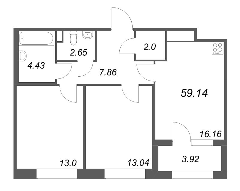 3-комнатная (Евро) квартира, 59.14 м² в ЖК "Дом на Курской" - планировка, фото №1