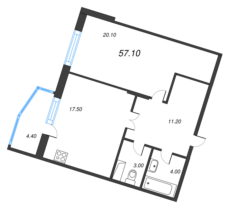 1-комнатная квартира, 57.1 м² - планировка, фото №1