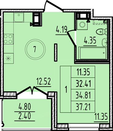 1-комнатная квартира, 32.41 м² - планировка, фото №1