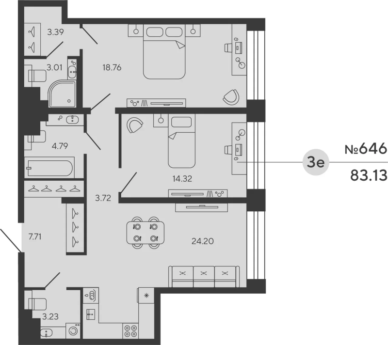 3-комнатная (Евро) квартира, 83.13 м² в ЖК "Башни Элемент" - планировка, фото №1