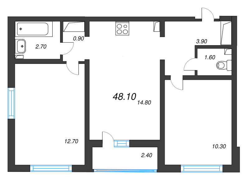 2-комнатная квартира, 48.1 м² в ЖК "Цветной город" - планировка, фото №1