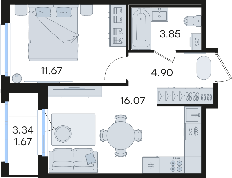 2-комнатная (Евро) квартира, 38.16 м² в ЖК "GloraX Парголово" - планировка, фото №1