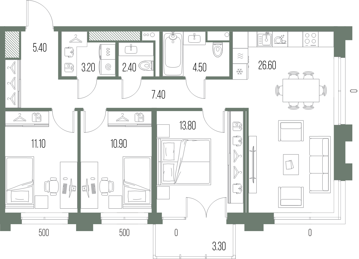 4-комнатная (Евро) квартира, 85.3 м² в ЖК "Легенда на Охте" - планировка, фото №1