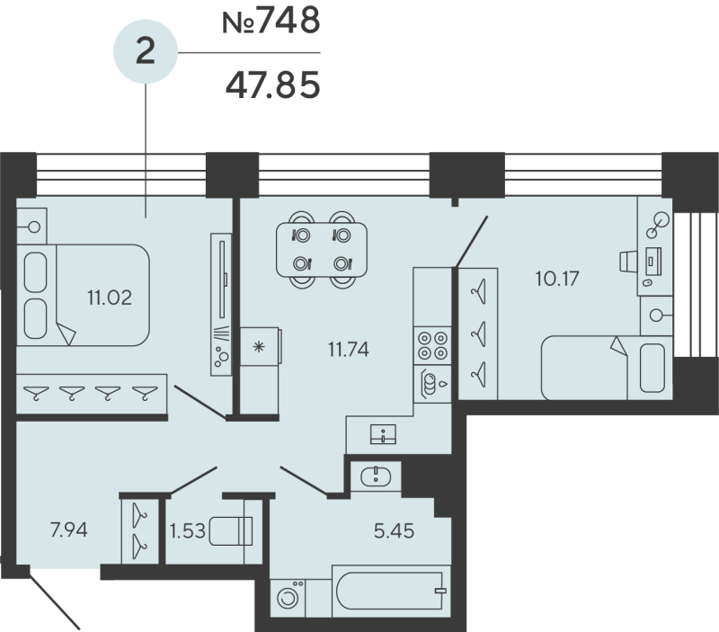 2-комнатная квартира, 47.85 м² в ЖК "Башни Элемент" - планировка, фото №1