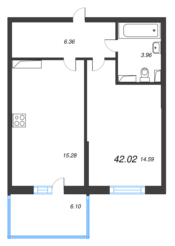 2-комнатная (Евро) квартира, 42.02 м² - планировка, фото №1