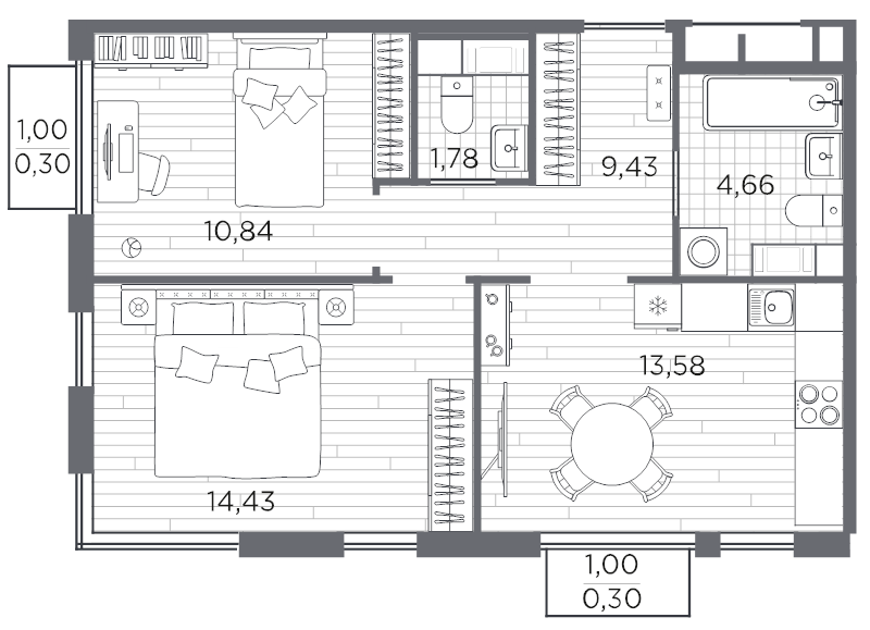 2-комнатная квартира, 55.32 м² в ЖК "PLUS Пулковский" - планировка, фото №1