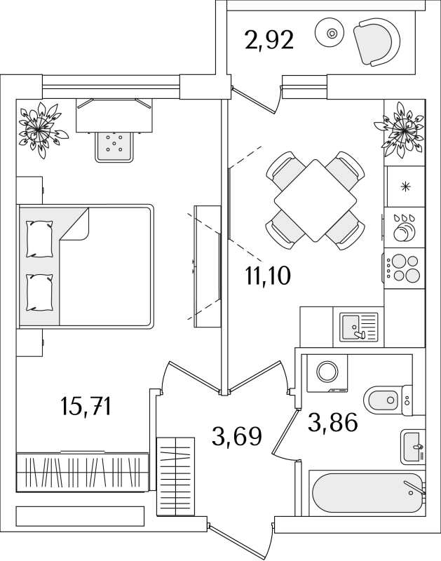 1-комнатная квартира, 35.82 м² - планировка, фото №1