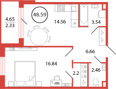 1-комнатная квартира, 48.59 м² в ЖК "Энфилд" - планировка, фото №1