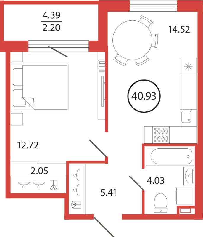 1-комнатная квартира, 40.93 м² в ЖК "Энфилд" - планировка, фото №1