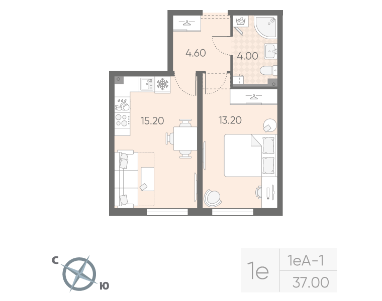2-комнатная (Евро) квартира, 37 м² в ЖК "Октябрьская набережная" - планировка, фото №1
