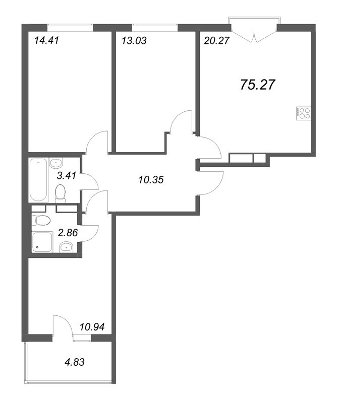 4-комнатная (Евро) квартира, 75.27 м² - планировка, фото №1