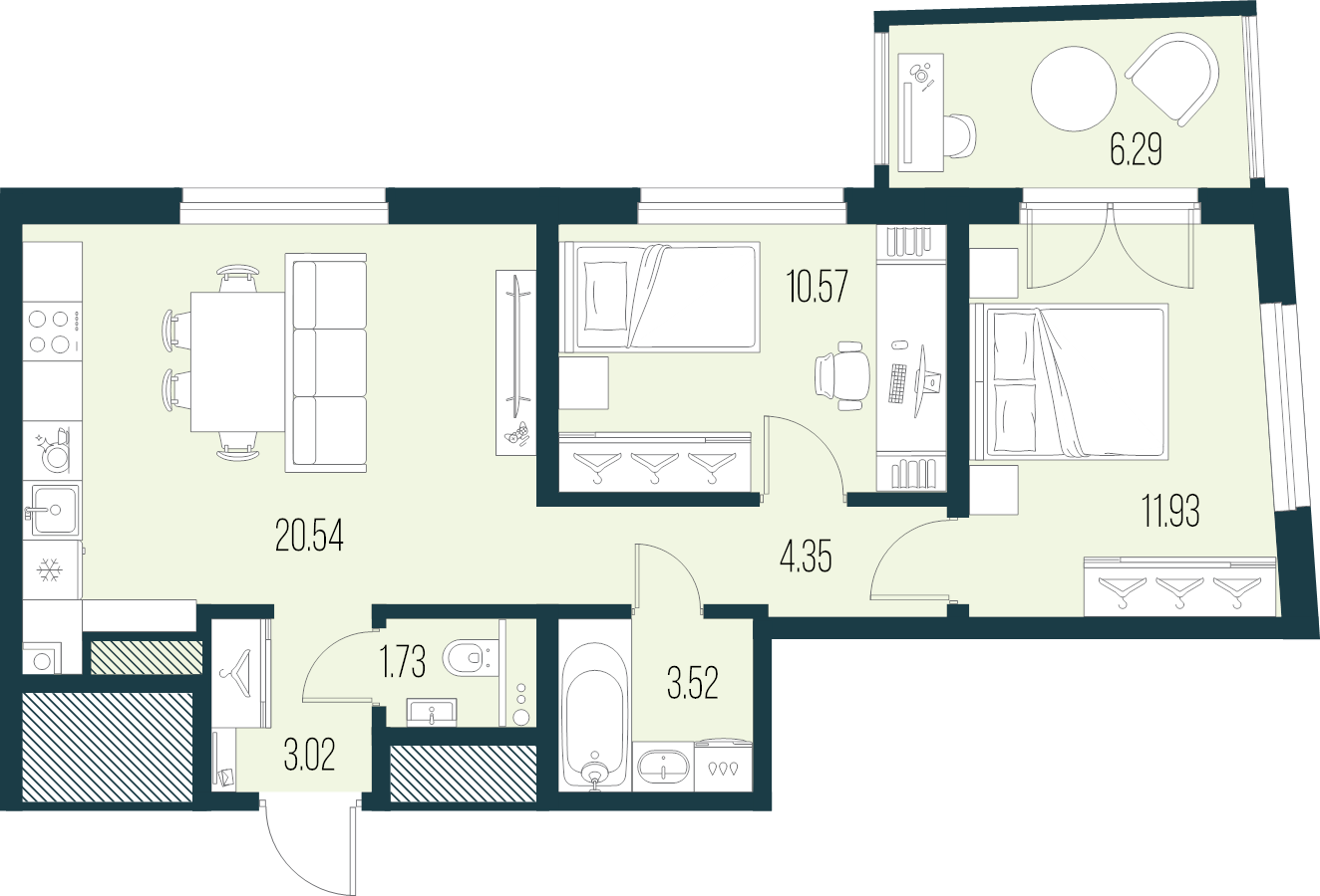 3-комнатная (Евро) квартира, 55.66 м² в ЖК "Новая Земля" - планировка, фото №1