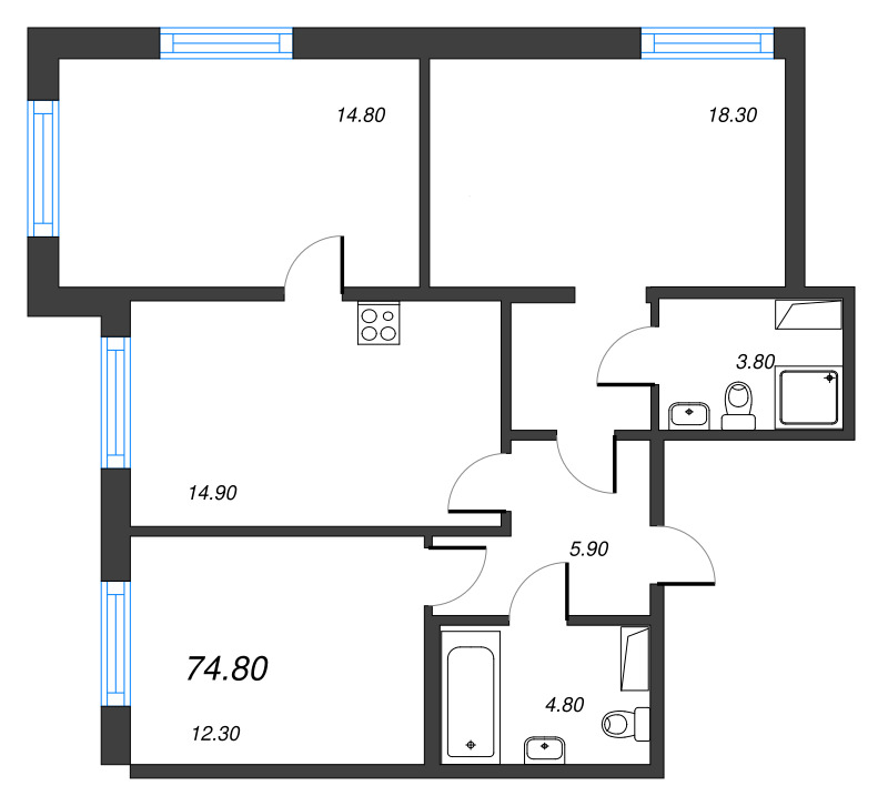 3-комнатная квартира, 74.8 м² - планировка, фото №1