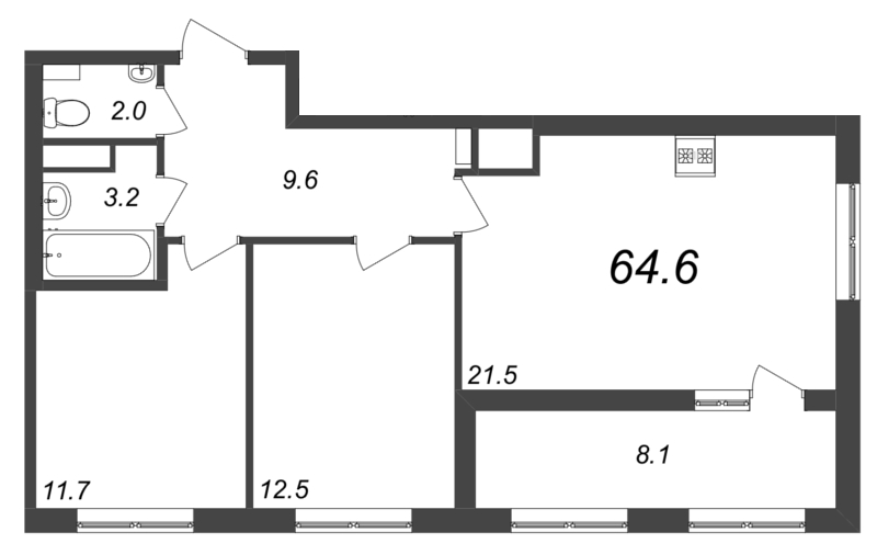 2-комнатная квартира, 64.1 м² - планировка, фото №1