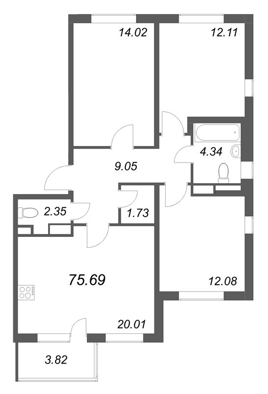 4-комнатная (Евро) квартира, 75.69 м² в ЖК "ЮгТаун" - планировка, фото №1