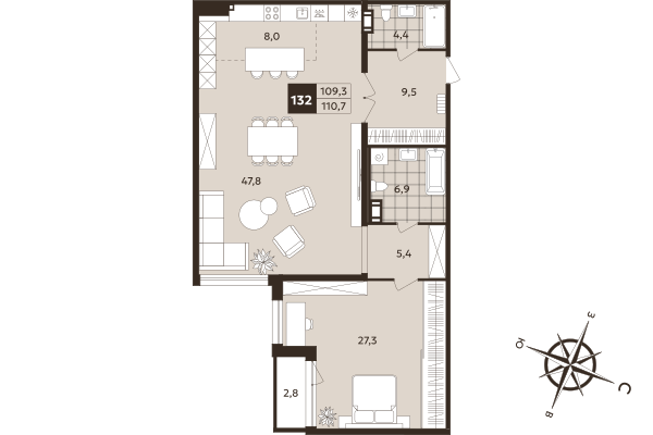 2-комнатная (Евро) квартира, 109.3 м² в ЖК "Дом на Бронницкой" - планировка, фото №1