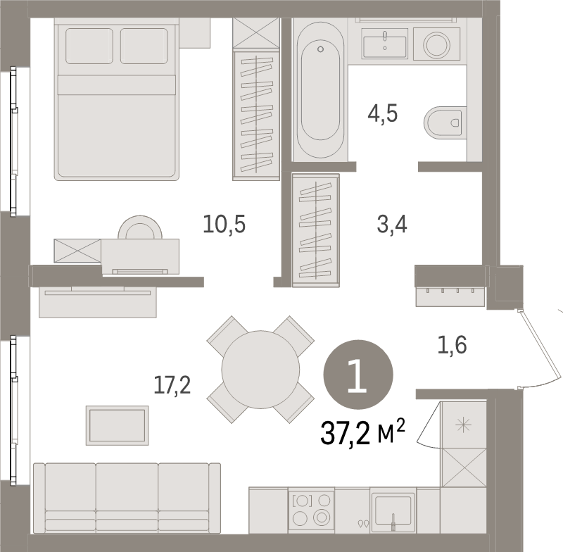 2-комнатная (Евро) квартира, 37.2 м² в ЖК "Брусника в Новоселье" - планировка, фото №1