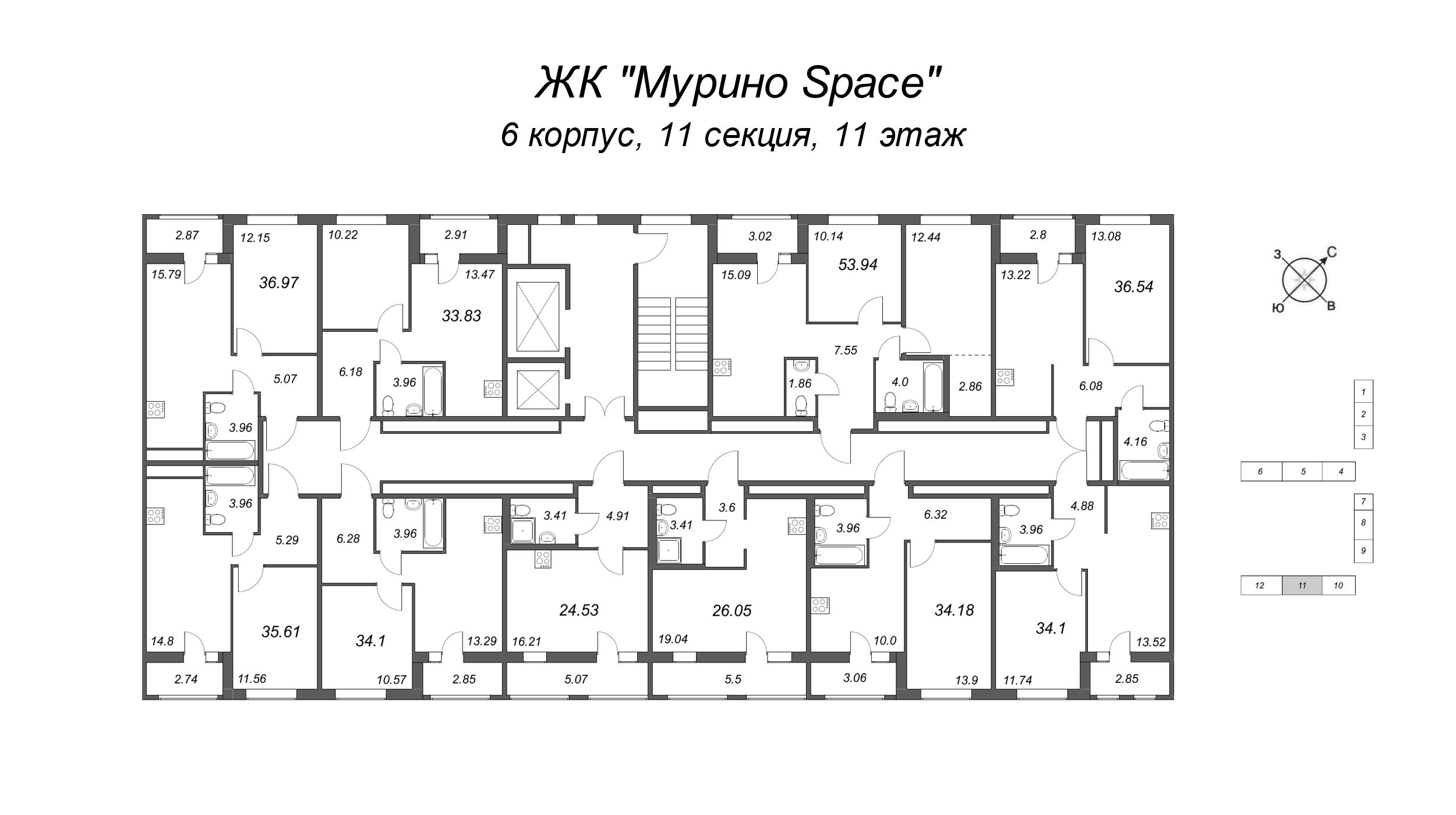 3-комнатная (Евро) квартира, 53.94 м² в ЖК "Мурино Space" - планировка этажа