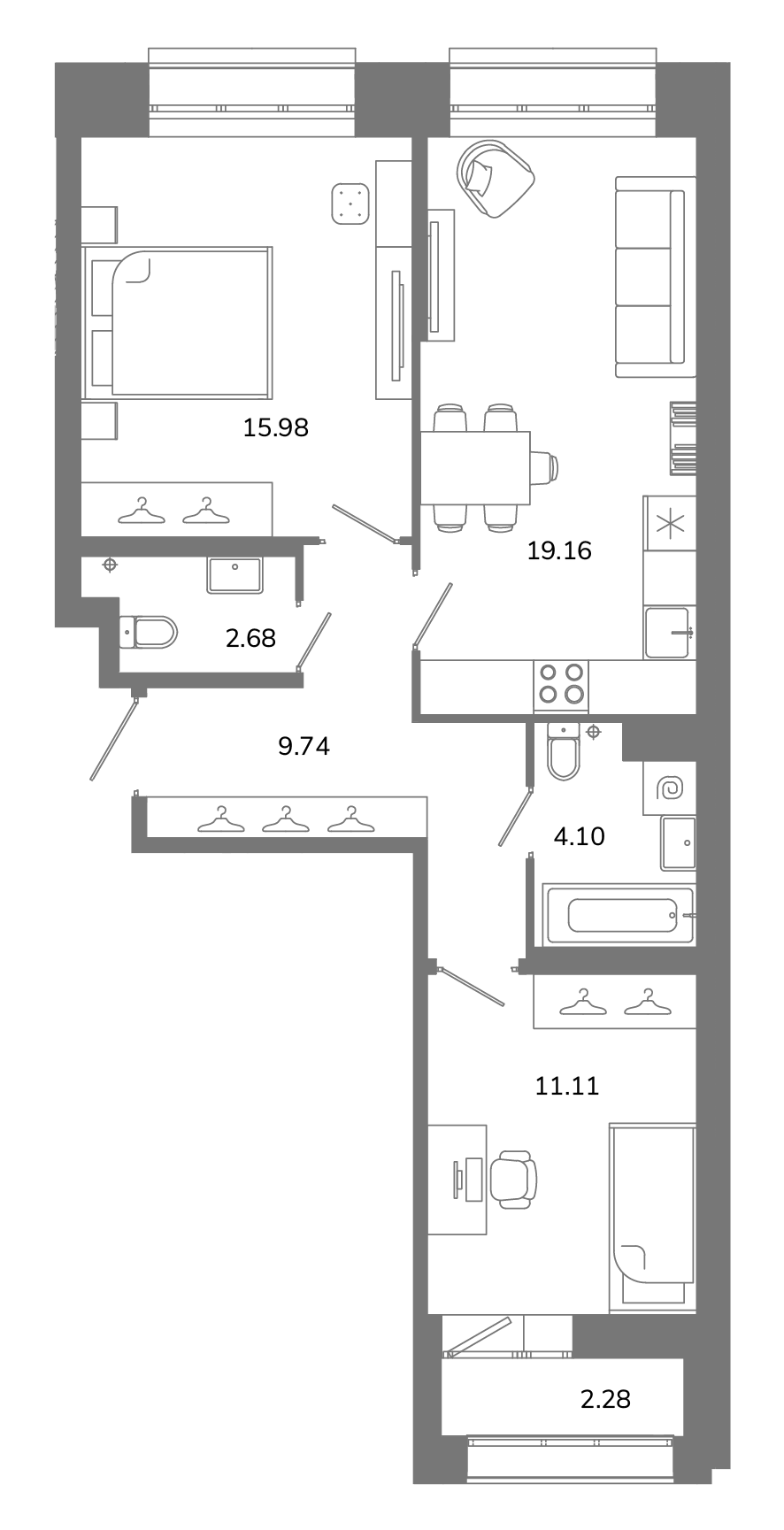 3-комнатная (Евро) квартира, 63.91 м² в ЖК "Твой космос" - планировка, фото №1