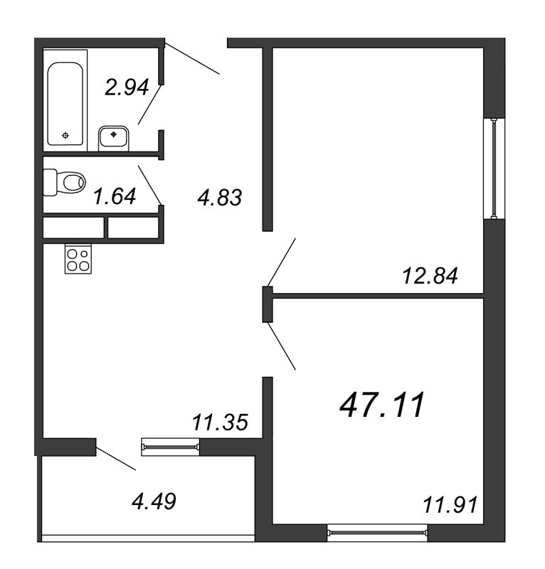 2-комнатная квартира, 46.86 м² - планировка, фото №1