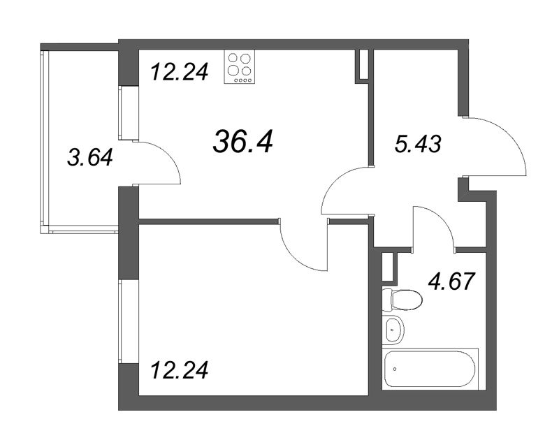 1-комнатная квартира, 36.4 м² в ЖК "Новая история" - планировка, фото №1