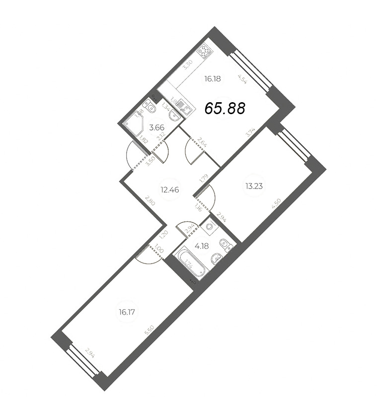 3-комнатная (Евро) квартира, 65.88 м² в ЖК "Огни Залива" - планировка, фото №1