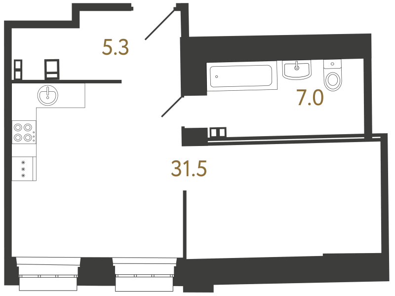 Квартира-студия, 43.8 м² в ЖК "Светоч" - планировка, фото №1