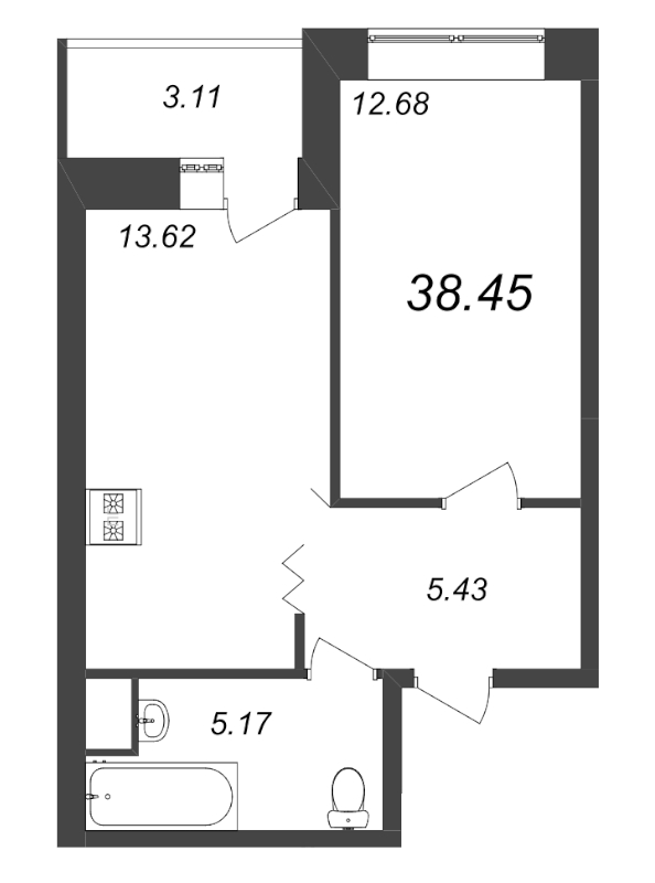 1-комнатная квартира, 38.7 м² в ЖК "Уютный" - планировка, фото №1