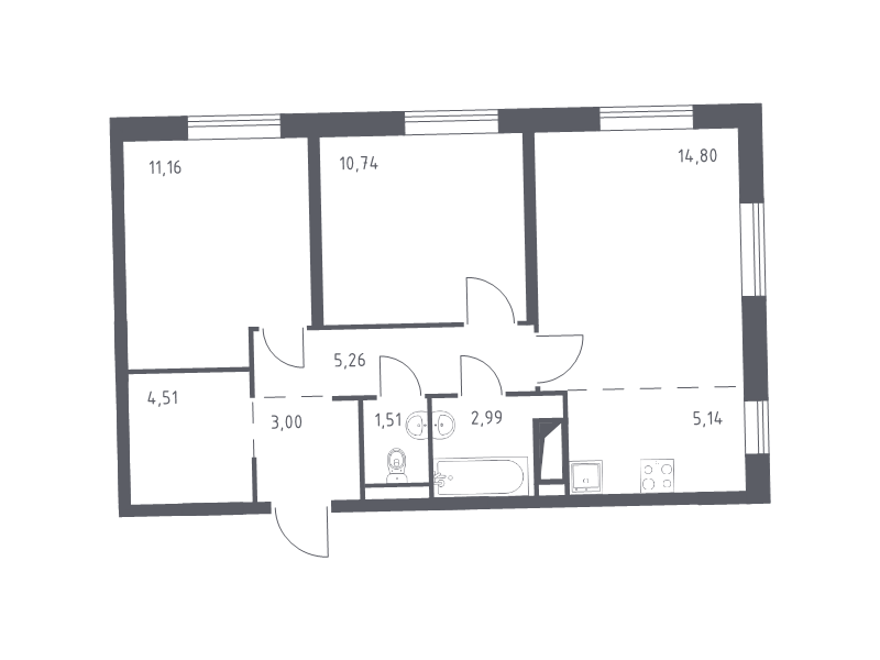 3-комнатная (Евро) квартира, 59.11 м² в ЖК "Квартал Лаголово" - планировка, фото №1