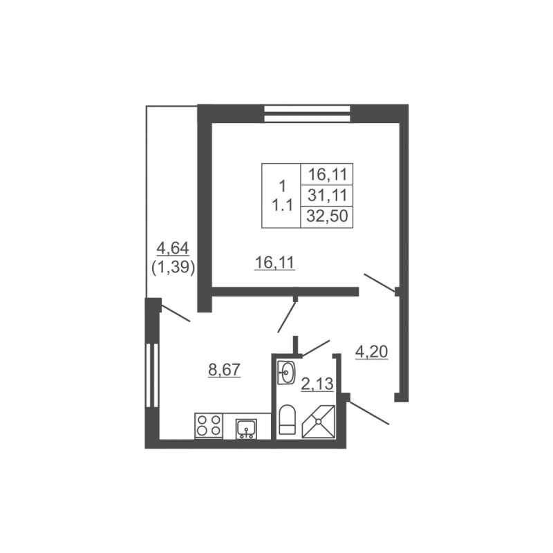 1-комнатная квартира, 32.5 м² в ЖК "Тандем" - планировка, фото №1