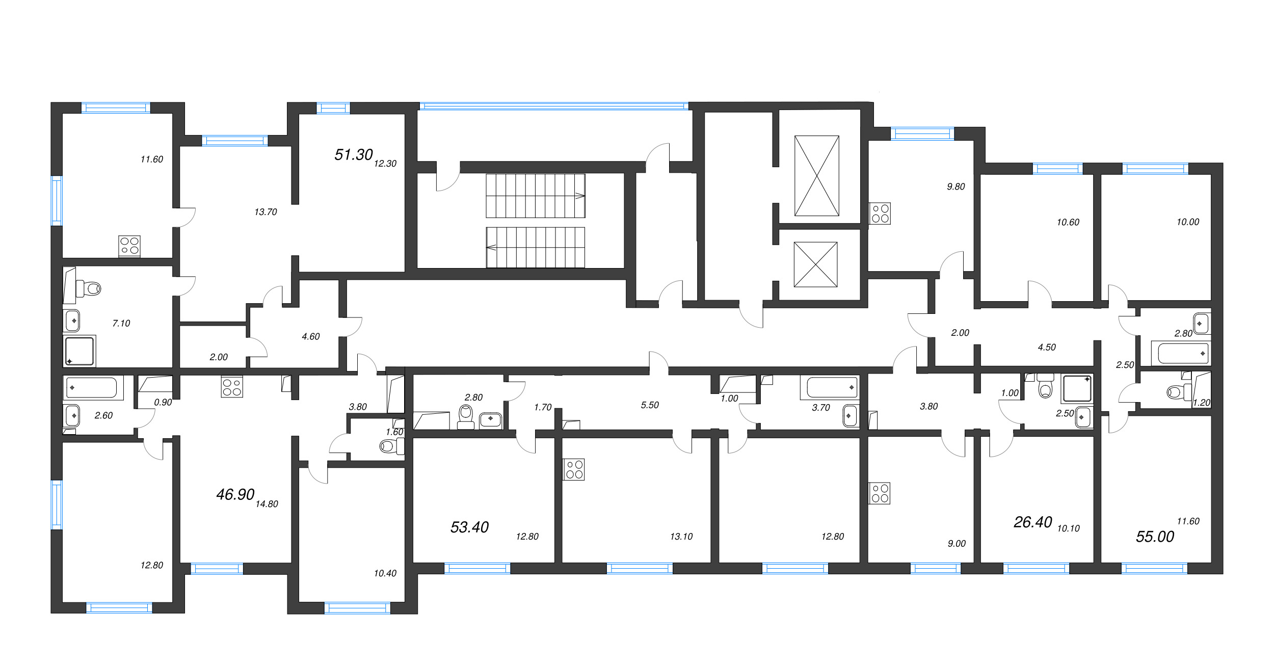 3-комнатная квартира, 55 м² - планировка этажа