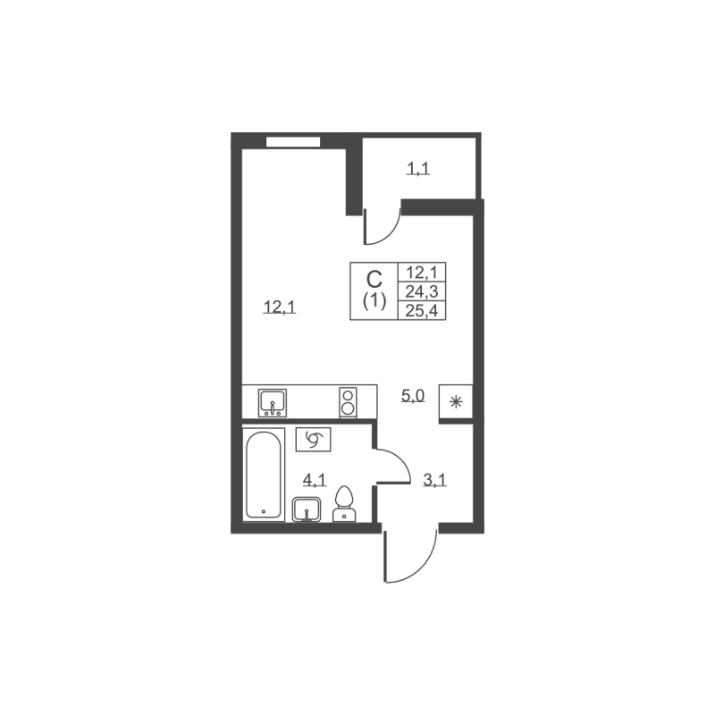 Квартира-студия, 25.4 м² - планировка, фото №1