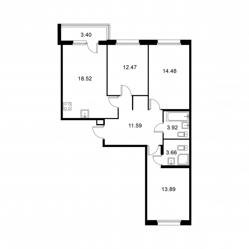 4-комнатная (Евро) квартира, 80.23 м² - планировка, фото №1